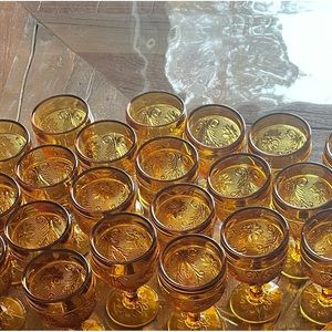 6 Tiara Amber Sandwich Pattern Mid Century Footed Goblet Glasses